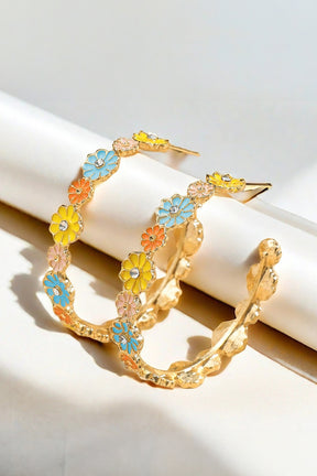 Gold Rhinestone Daisy Flowers Hoop Earrings