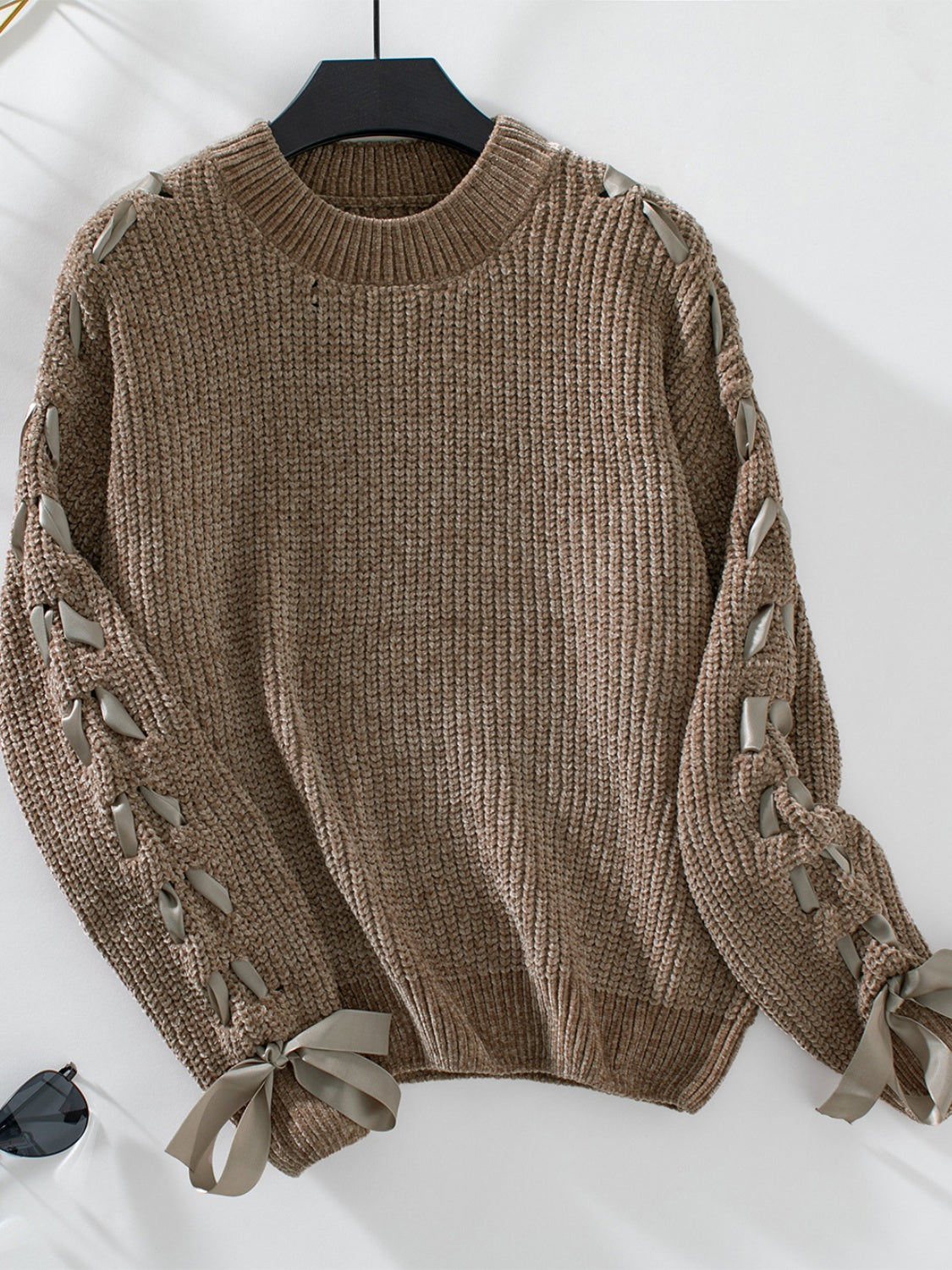 Lace Up Round Neck Long Sleeve Sweater-True and Wild