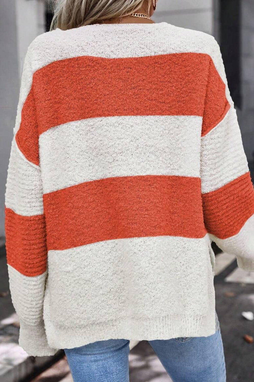 Orange Colorblock V Neck Side Slits Sweater-True and Wild