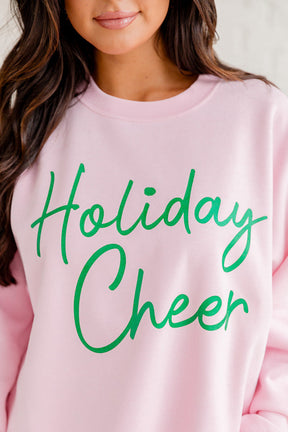 Pink Holiday Cheer Letter Graphic Christmas Slogan Sweatshirt-True and Wild