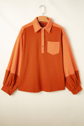 Orange Exposed Seam Puff Sleeve Henley Sweatshirt-True and Wild