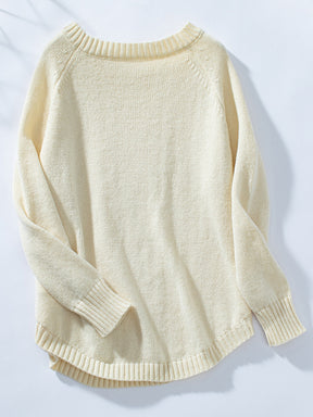 Decorative Button Round Neck Raglan Sleeve Sweater-True and Wild