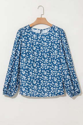 Blue Ditsy Floral Print Lantern Sleeve Blouse-True and Wild