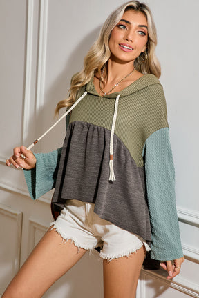 Laurel Green Waffle Knit Patchwork Drawstring Hooded Top-True and Wild