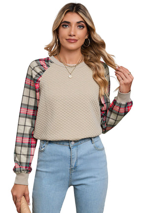 Brown Plaid Print Waffle Quilted Raglan Sleeve Sweatshirt-True and Wild