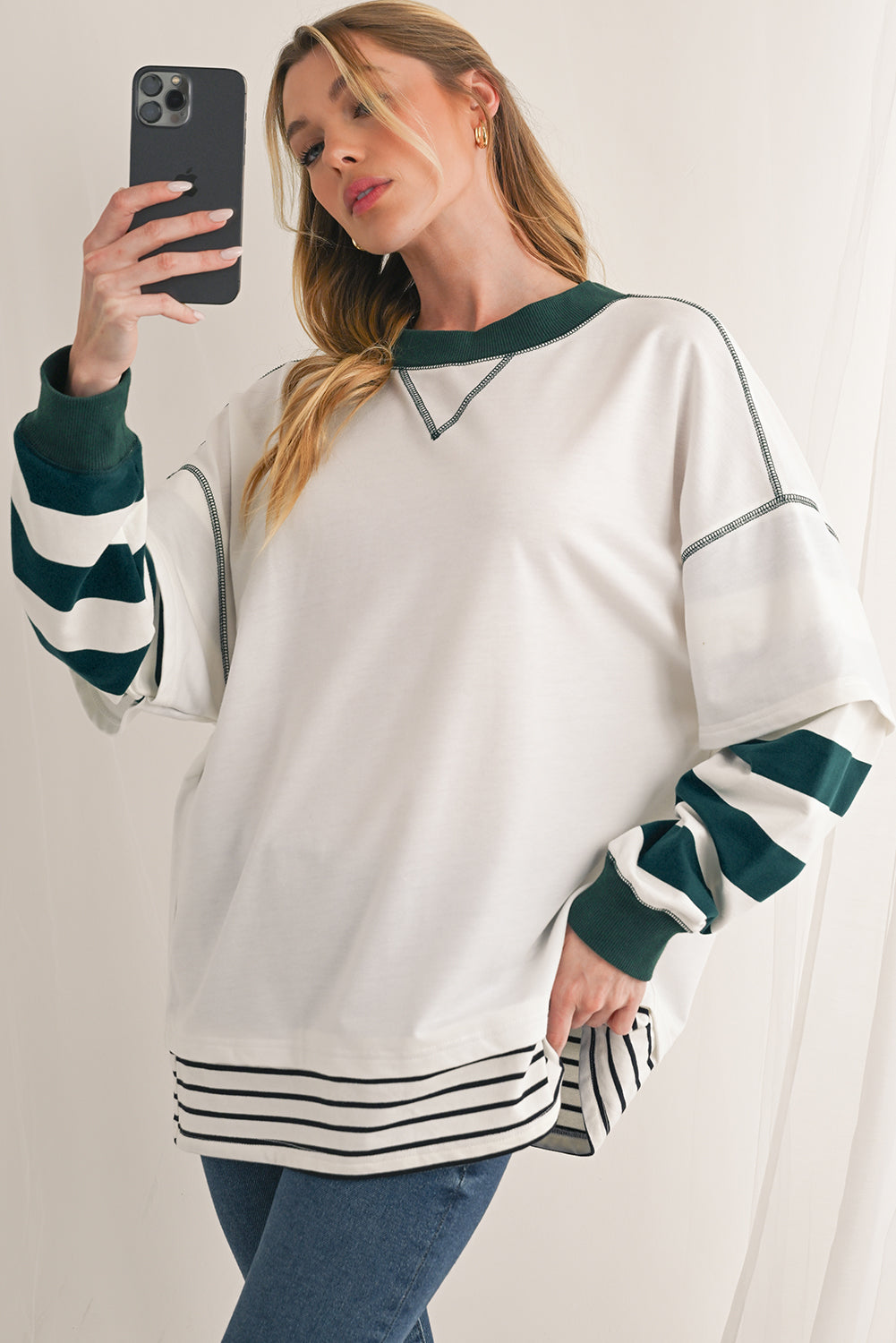 White Striped Layered Drop Sleeve Sweatshirt