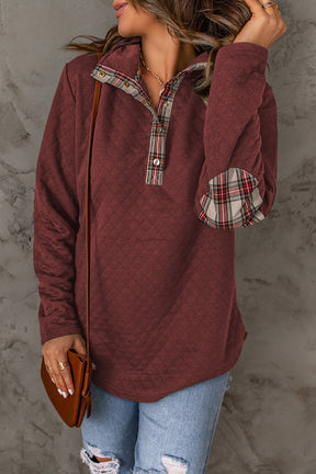 Red Plaid Geometric Texture Trim Button Neck Sweatshirt-True and Wild