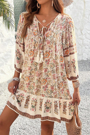 Apricot Floral Print Tassel Drawstring V Neck Loose Mini Dress-True and Wild