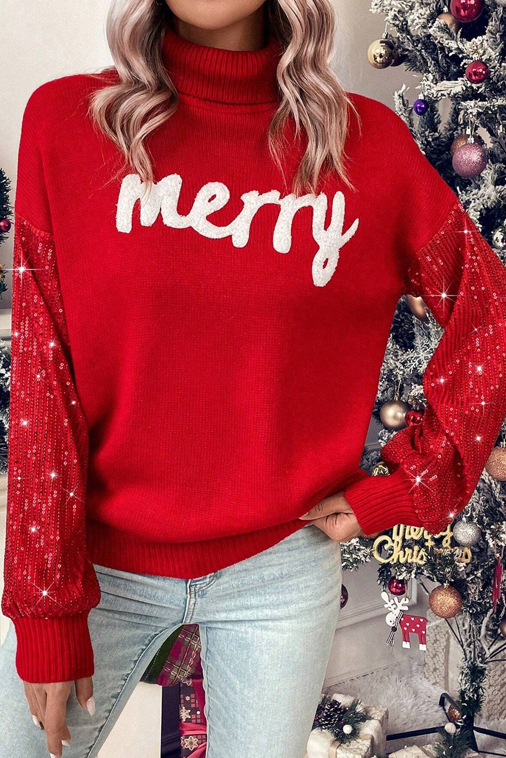 Racing Red Merry Graphic Sequin Sleeves Christmas Sweater-True and Wild