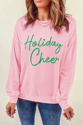 Pink Holiday Cheer Letter Graphic Christmas Slogan Sweatshirt-True and Wild