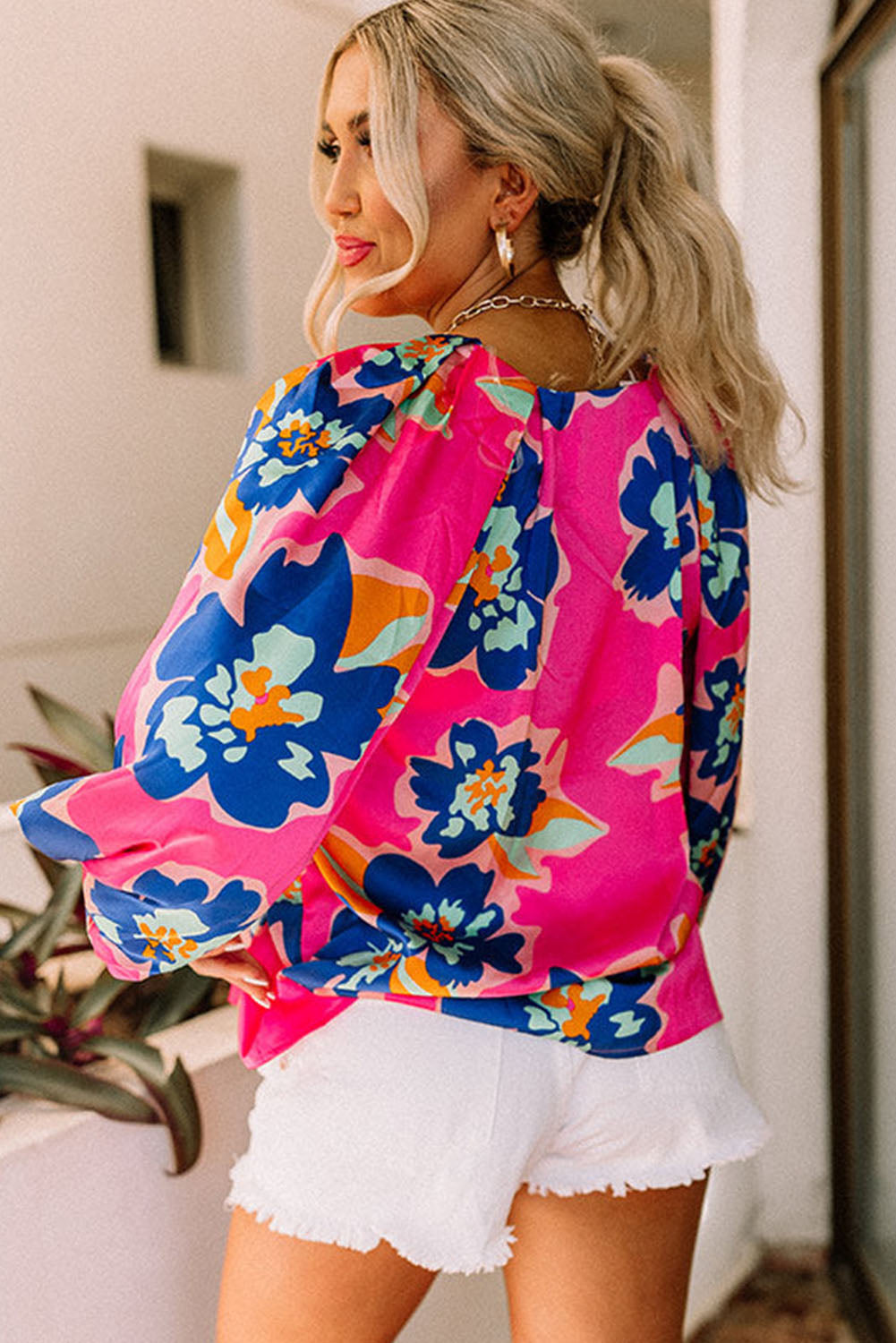 Rose Floral Print V Neck Puff Sleeve Blouse-True and Wild