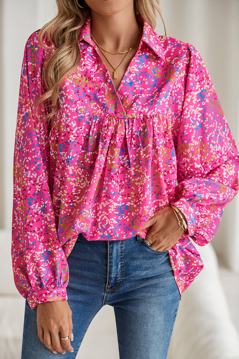 Bonbon Abstract Print Loose Fit Collared V Neck Babydoll Blouse-True and Wild