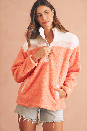 Orange Colorblock Zipper Stand Neck Sherpa Sweatshirt-True and Wild