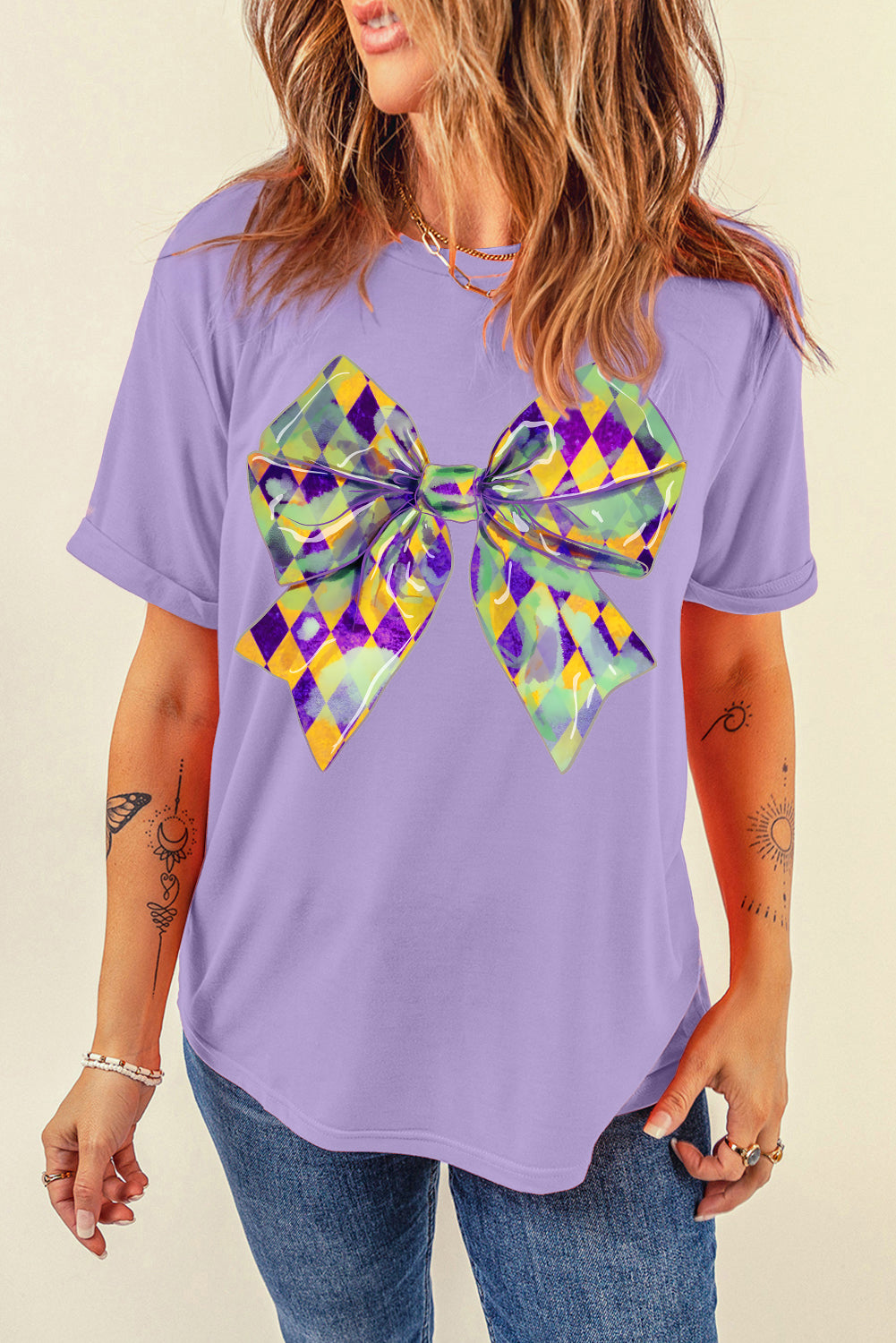 Wisteria Plaid Bow Mardi Gras Crewneck Tee