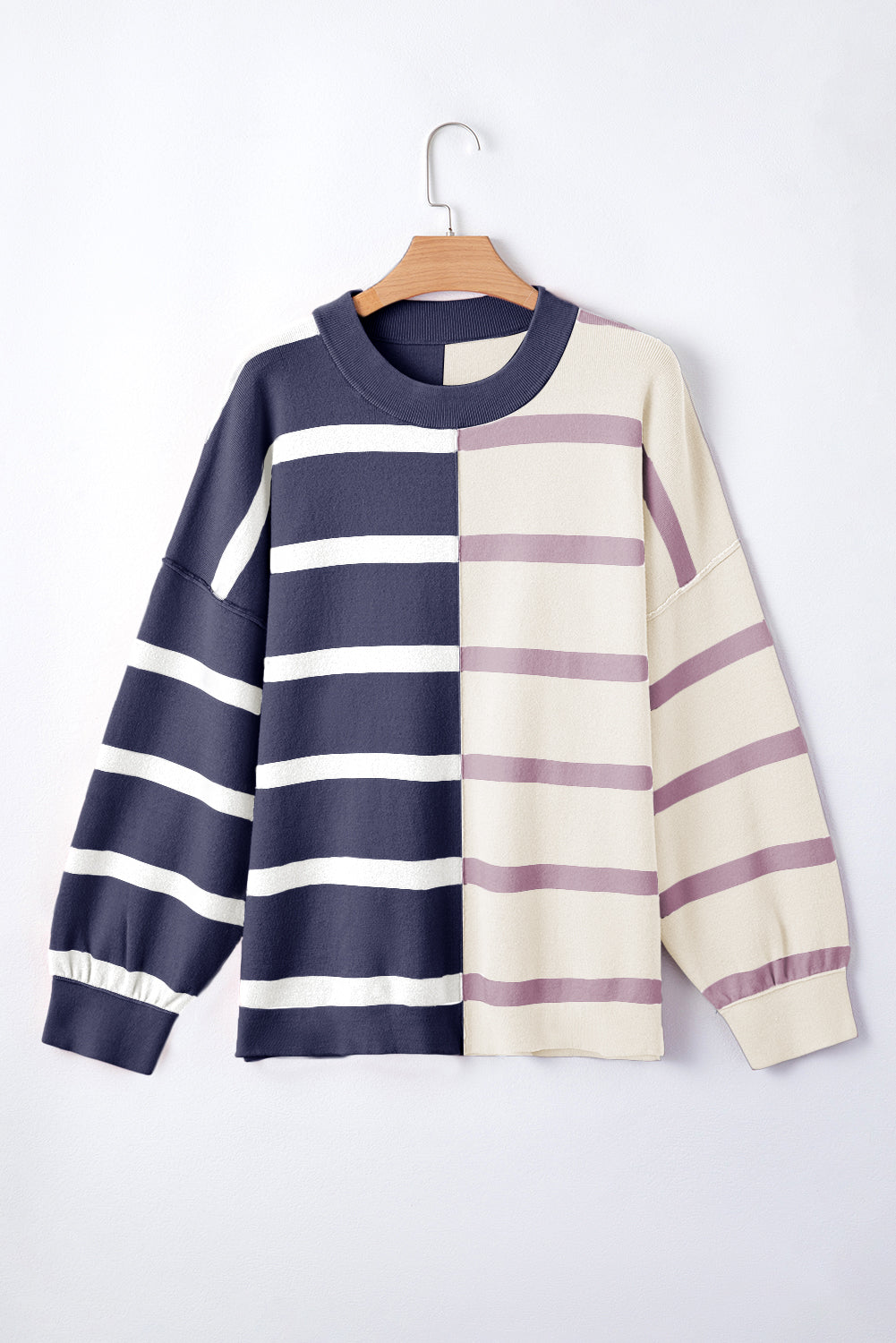 Light Beige Striped Colorblock Drop Shoulder Sweater-True and Wild