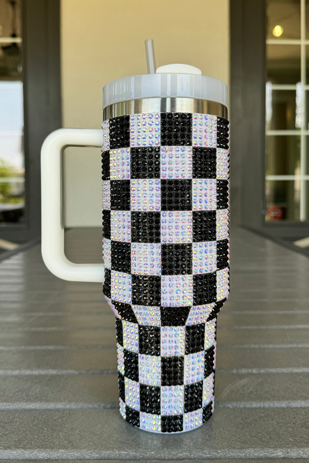 Black 40oz Rhinestone Checkered Handled Tumbler-True and Wild