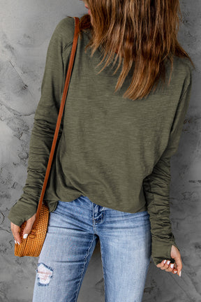 Green Plain Solid Casual Thumbhole Long Sleeve Top-True and Wild