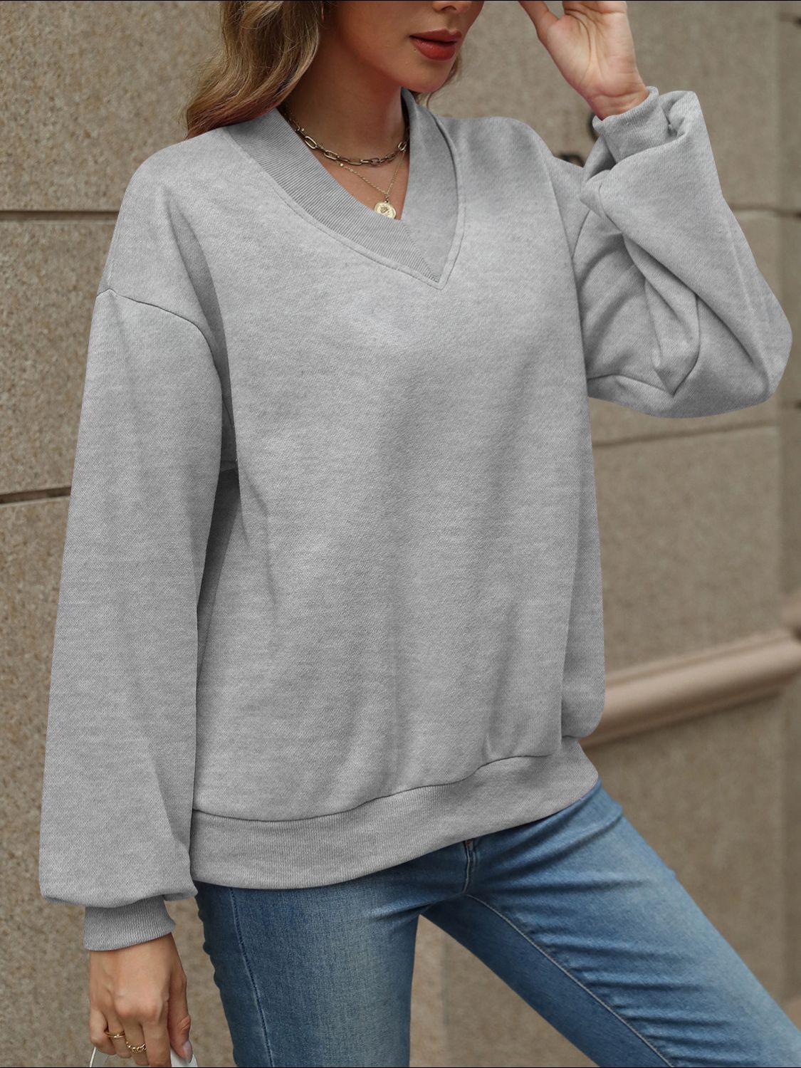 V-Neck Long Sleeve Dropped Shoulder Sweatshirt