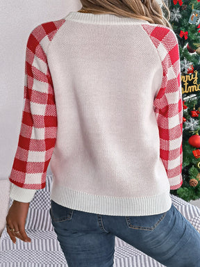 Reindeer Plaid Round Neck Long Sleeve Sweater-True and Wild