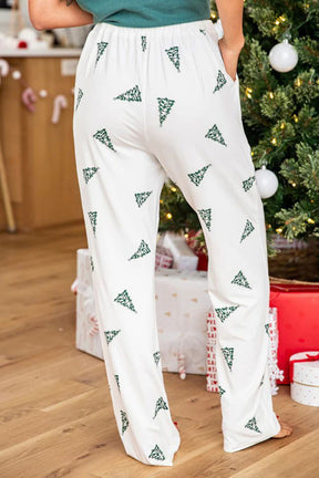 Green Christmas Tree Print Tee & White Pants Loungewear Set-True and Wild