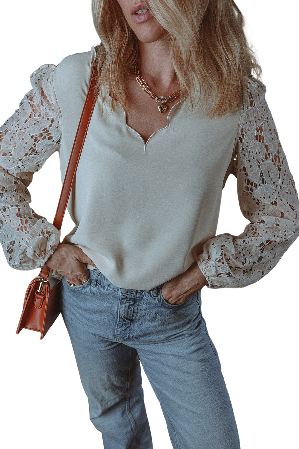 White Scalloped V Neckline Lace Hollowed Lantern Sleeve Blouse