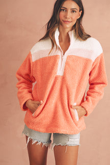 Orange Colorblock Zipper Stand Neck Sherpa Sweatshirt-True and Wild