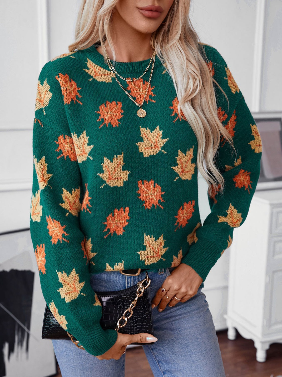 Maple Leaf Round Neck Long Sleeve Sweater-True and Wild