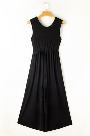 Black Solid Color Open Back Sleeveless Wide Leg Jumpsuit-True and Wild