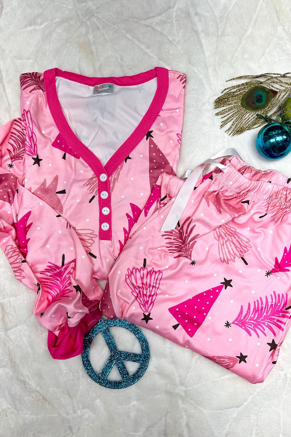 Pink Christmas Tree Print V Neck Buttoned Pullover and Pants Pajama Set-True and Wild