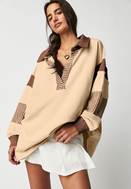 Color Block Johnny Collar Long Sleeve Sweatshirt-True and Wild