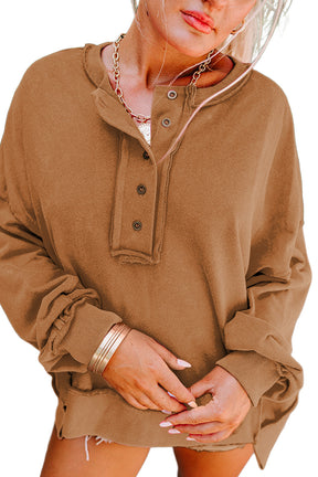 Chestnut Slouchy Drop Shoulder Henley Sweatshirt-True and Wild