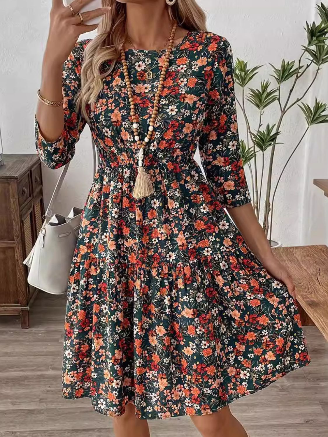 Frill Floral Round Neck Dress