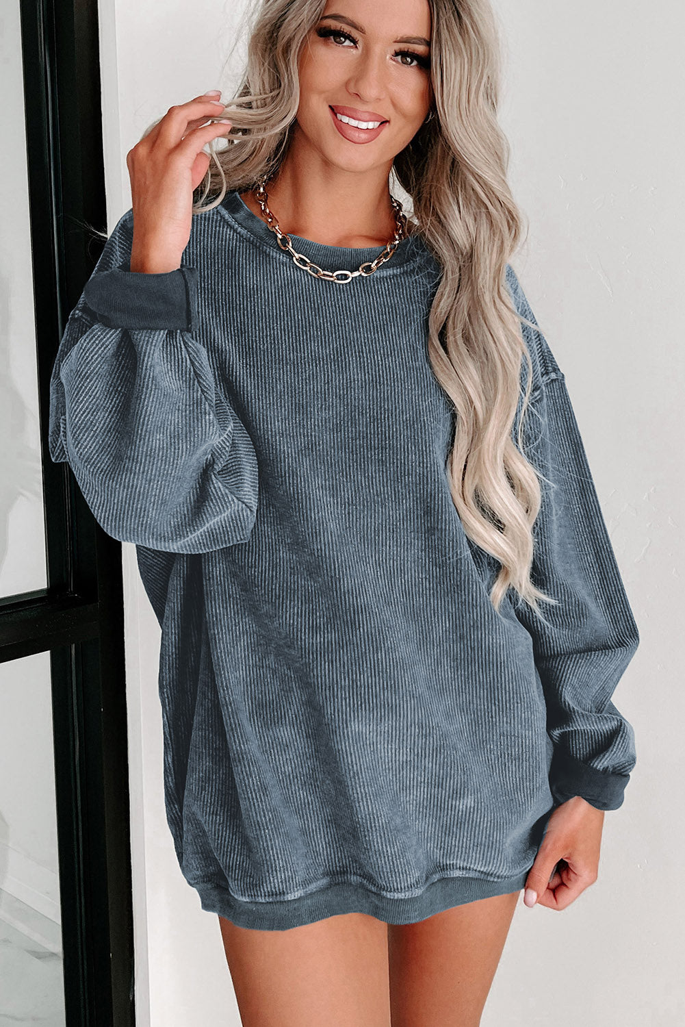 Pink Solid Ribbed Round Neck Pullover Sweatshirt-True and Wild