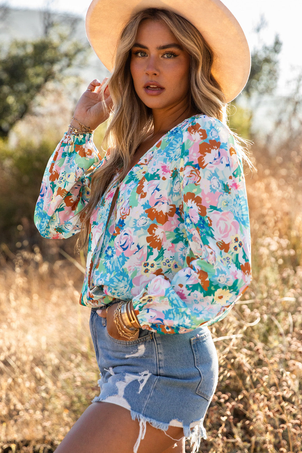 Light Blue Floral Print Boho Wrap V Neck Puff Sleeve Bodysuit-True and Wild