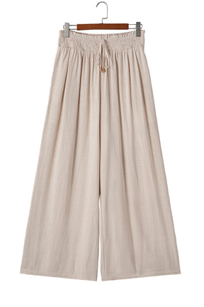 Beige Frill Smocked Waist Wide Leg Plus Size Pants-True and Wild