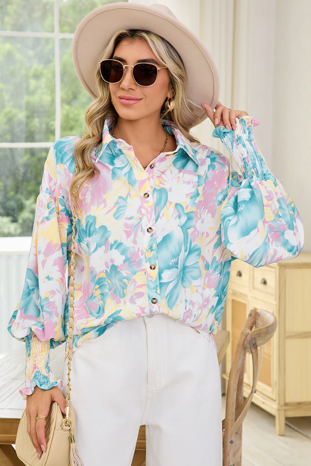 Yellow Floral Allover Print Shirred Cuff Oversized Shirt