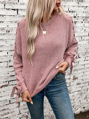 Lace Up Round Neck Long Sleeve Sweater-True and Wild