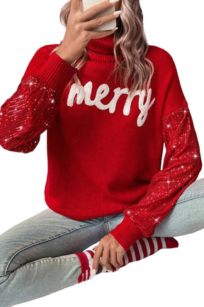 Racing Red Merry Graphic Sequin Sleeves Christmas Sweater-True and Wild