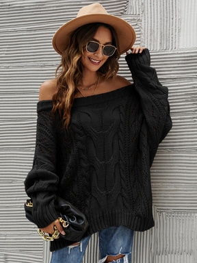 Cable Knit Openwork Off-Shoulder Sweater-True and Wild