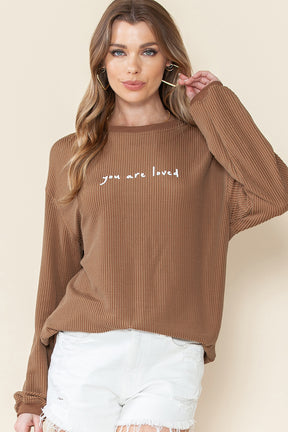 Khaki You Are Loved Print Crinkle Rib Sweatshirt-True and Wild