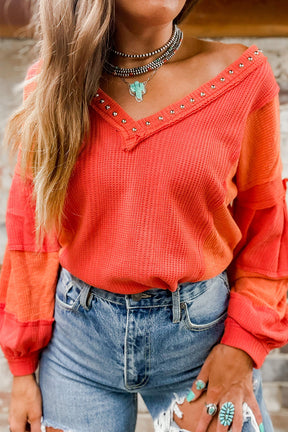 Studded Waffle-Knit V-Neck Long Sleeve Top