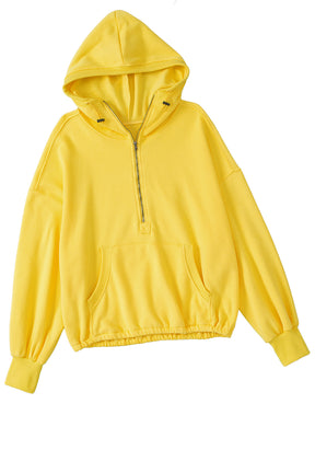 Yellow Solid Color Half Zip Pullover Hoodie with Kangaroo Pocket