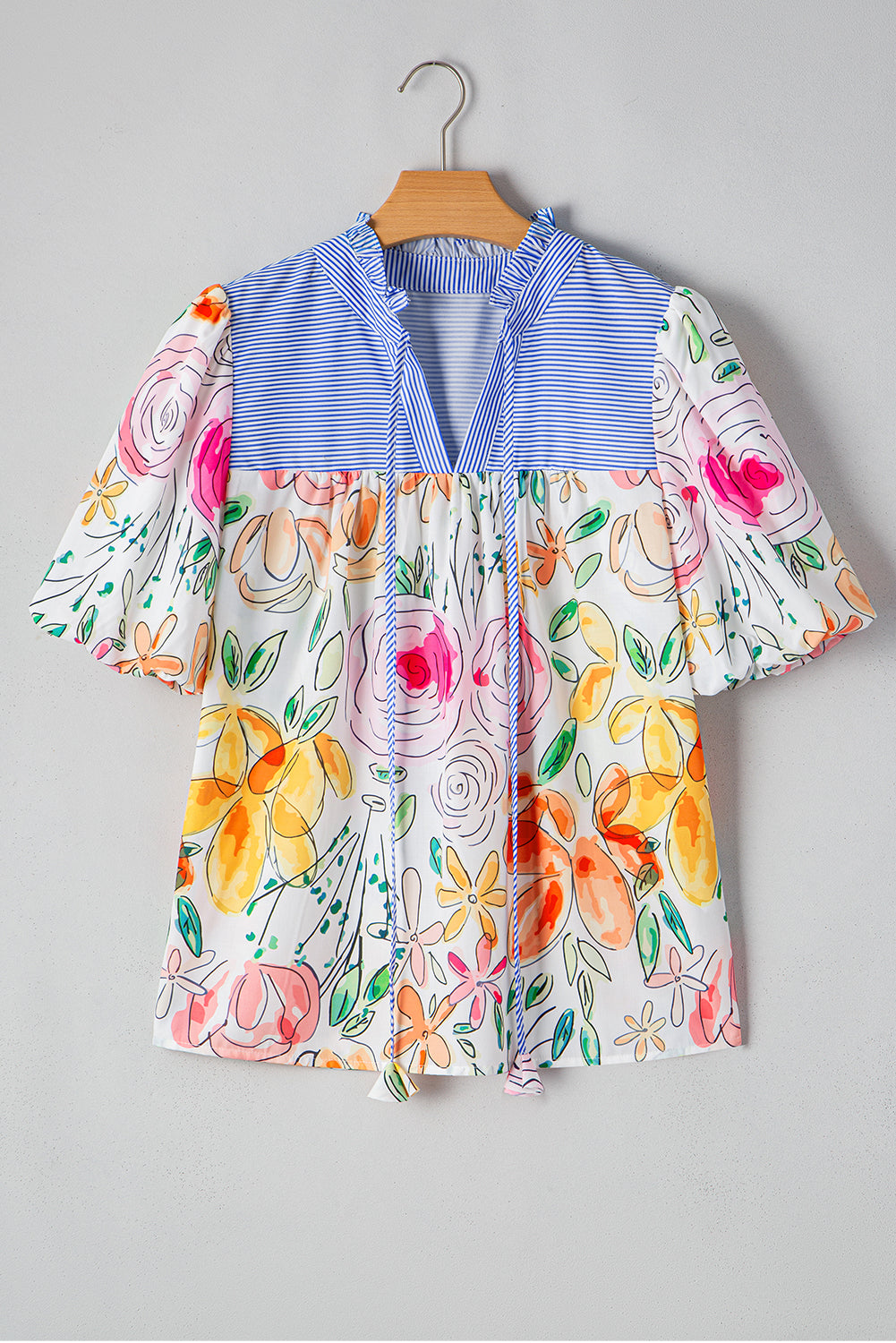 Multicolour Floral Print Striped Frill V Neck Puff Sleeve Blouse