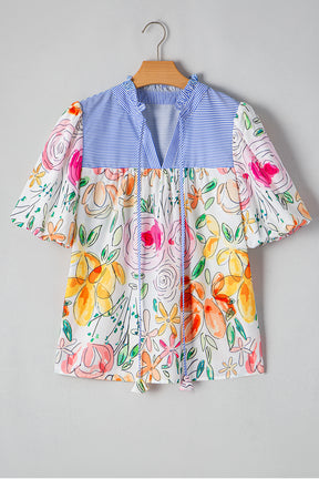 Multicolour Floral Print Striped Frill V Neck Puff Sleeve Blouse