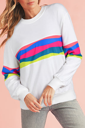 Green Colorful Striped Round Neck Long Sleeve Top