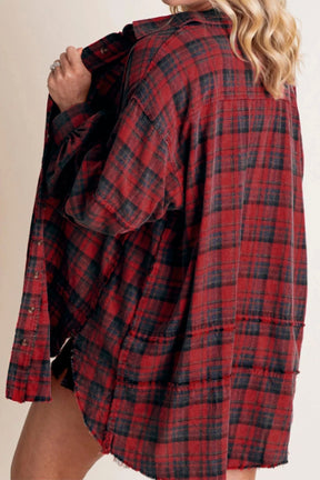 Exposed Seam Plaid Collared Neck Long Sleeve Shirt-True and Wild