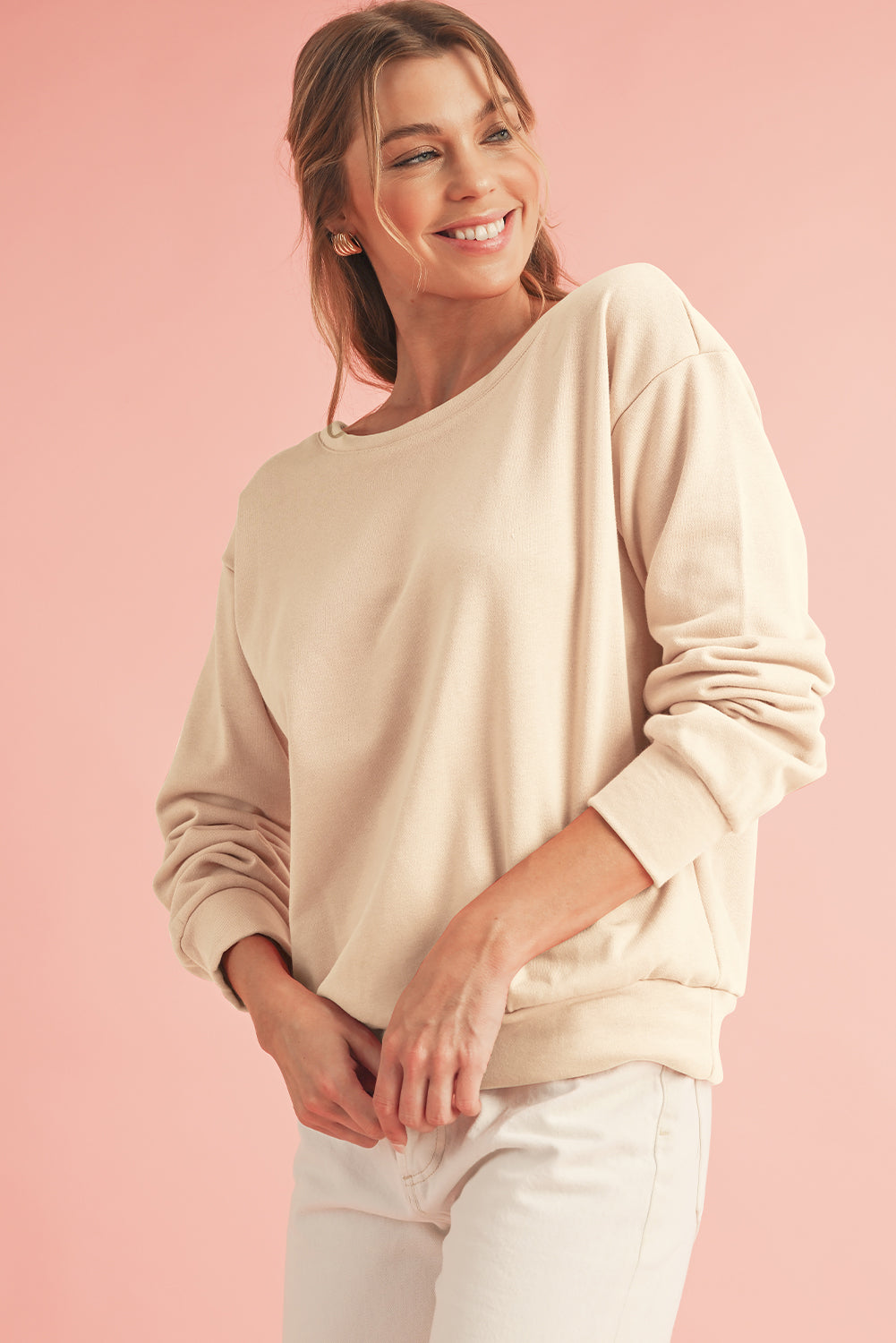 Apricot Bowknot Plain Round Neck Sweatshirt-True and Wild