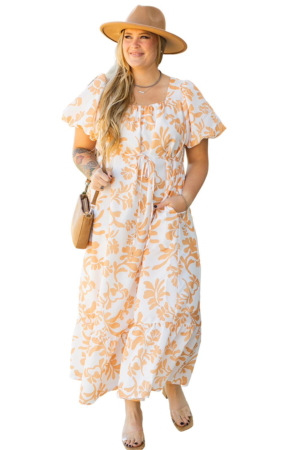 Apricot Floral Print Puff Short Sleeve Resort Plus Size Maxi Dress