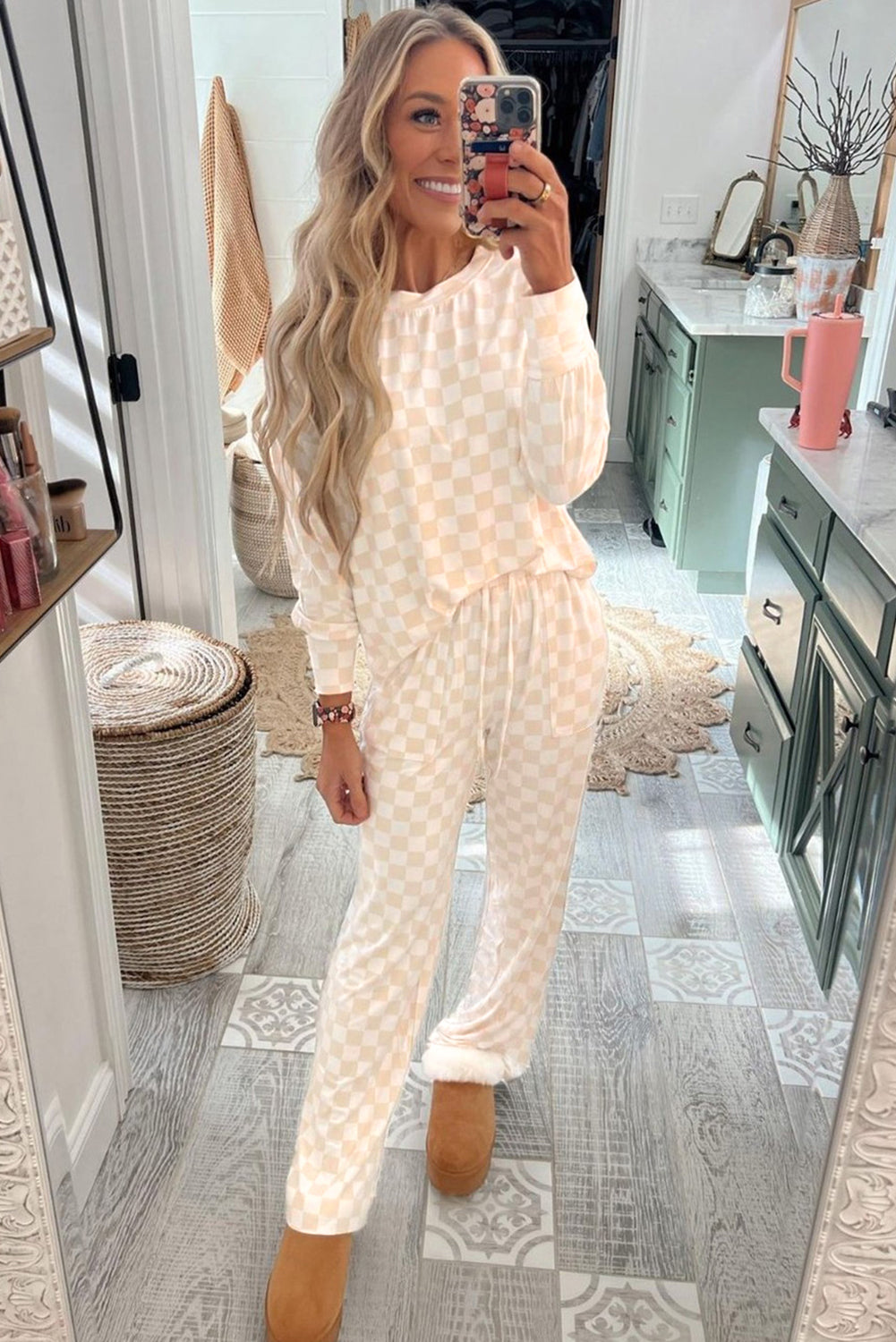 Beige Checkered Print Long Sleeve Loose Fit Pajama Set-True and Wild