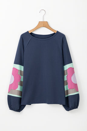 Smoke Green Flower Patchwork Exposed Seam Raglan Sleeve Top